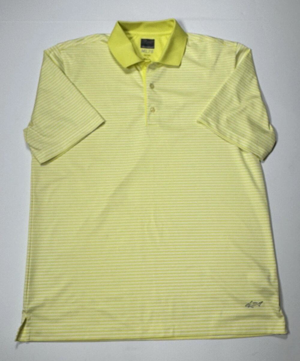Greg Norman PlayDry ML75 Men's L Yellow/White Striped Breathable Golf Polo